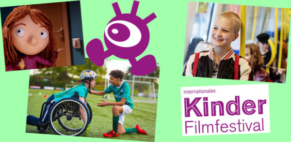 Montage aus Fotos aus drei der beim Festival gezeigten Filme: "Matilda", "comedy Queen" und "Der Kämpfer" sowie dem Logo und dem Schriftzug des internationalen Kinderfilmfestivals