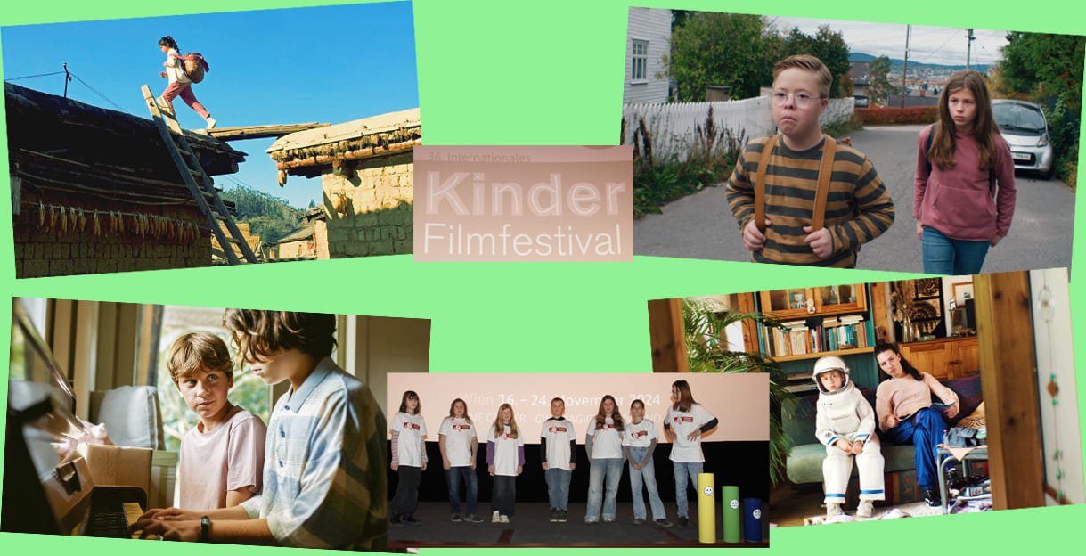 Filmbilder aus "Fußball am DAch", Lars ist LOL", "Young Hearts" und "Grüße vom Mars" sowie ein Foto der Kinderjury auf der Bühne des Gartenbaukinos und der eingeblendete Schriftzug vom Festival