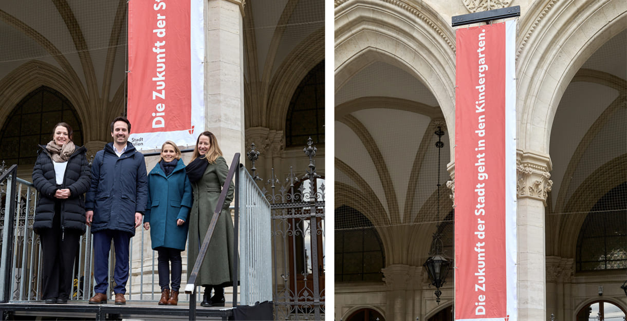 Bildmontage: Fahne an der Wiener Rathausfassade: Die Zukunft der Stadt geht in den Kindergarten sowie Dolores Bakos, Gemeinderätin, NEOS Wien, Christoph Wiederkehr, Vizebürgermeister, Karin Broukal, Abteilungsleiterin MA 10 Stadt Wien Kindergärten, Brigitta Schwarz, Leiterin Fachbereich Städtische Kindergärten und Horte, MA 10, die die Fahne hissten