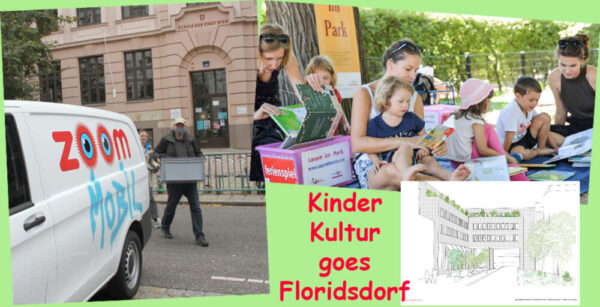 Foto-Collage aus einem Zoom-Mobil-Einsatz, Lesen im Park sowie des Architektur-Entwurfs für das neuen Kinder Kultur Zentrum in Floridsdorf