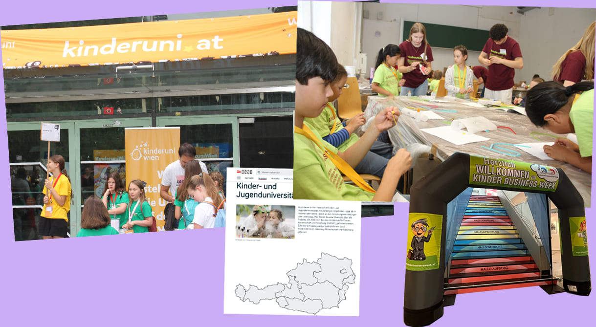 Bildmontage aus Fotos der Eröffnung der Kinderuni Wien 2024, aus einem Workshop der Kinderuni Kunst 2025, dem lufgefüllten Torbogen der Kinder Business Week 2025 sowie einem Screenshot der OeAD-Übersichts-Site von Kinder- und Jugenduniversitäten (noch des Vorjahres)
