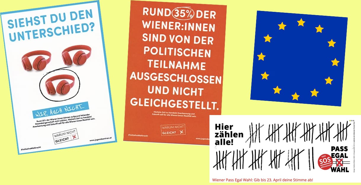 Collage aus Plakaten der Wiener Jugendzentren, einer EU-Flagge sowie dem Sujet der Pass Egal Wahl auf der Homepage von SOS Mitmensch