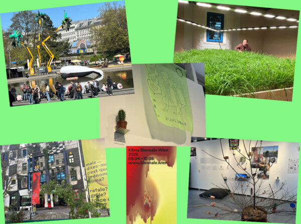 Bildmontage aus Fotos von Arbeiten der Klimabiennale 2026 auf dem Karlsplatz und im Kunsthaus, dieses auch von außen sowie der Signal-Illustration der Homepage und der Medien-Infomappe