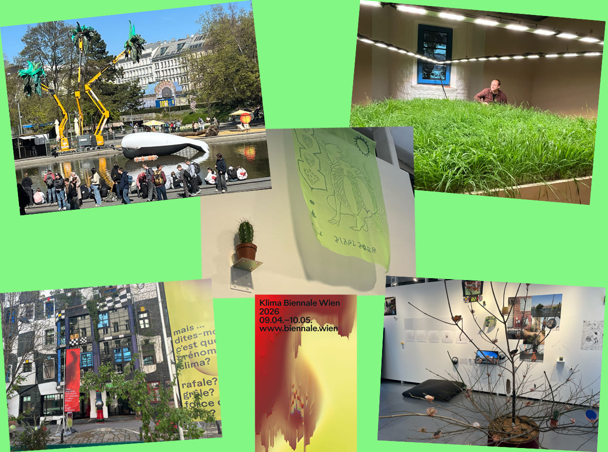 Bildmontage aus Fotos von Arbeiten der Klimabiennale 2026 auf dem Karlsplatz und im Kunsthaus, dieses auch von außen sowie der Signal-Illustration der Homepage und der Medien-Infomappe