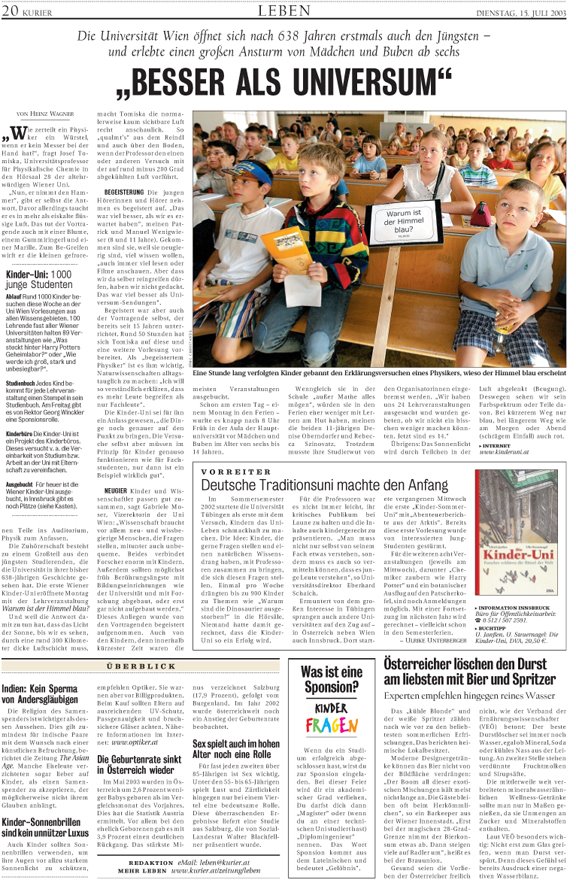 Die KURIER-Seite (15. Juli 2003) über die allererste Kinderuni Wien-Vorlesung