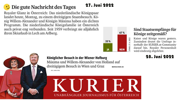 Bildmontage aus Zeitungs-Ausschnitten rund um den Besuch des niederländischen Königspaares in Österreich