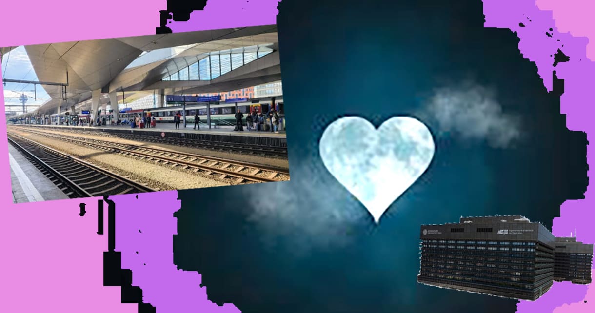 Da es (noch? keine Szenenfotos gibt: Bildmontage aus einem Foto des Wiener Hauptbahnhofs und des AKH Wien in ienm Farbfeld rund um ein in der Ferne schwebenden Herz-Symbols