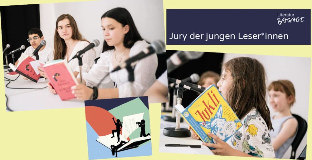 Bildmontage aus zwei Fotos der Jurys der jungen Leser*innen, Logo der Literaturbagage und Schriftzug