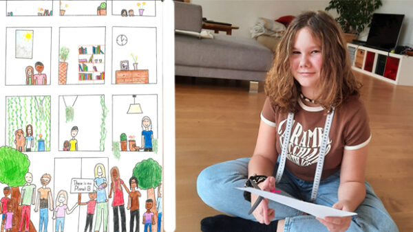 Lusia Zusers Zeichnung und sie selber mit einem Blatt Papier in der Hand
