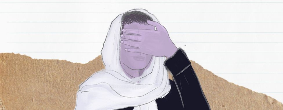 Illustration eines afghanischen Schulmädchens, das ihr Gesicht bedeckt, um ihre Identität zu verschleiern.