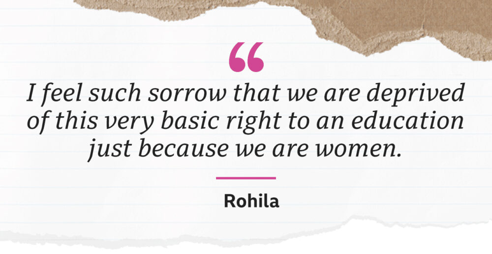 Grafisch aufbereitees Zitat aus Rohilas Brief darüber, dass Mädchen in Afghanistan nun wieder kein Recht auf höhere Bildung haben