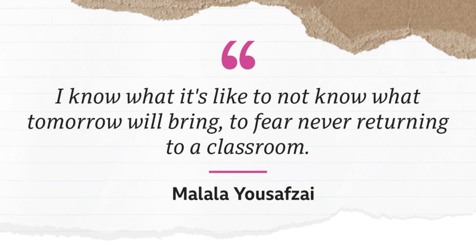 Grafisch aufbereitees Zitat aus Malals Brief, die weiß wie es sich anfühlt, immer Angst zu haben, wieder nicht in die Schule zu dürfen