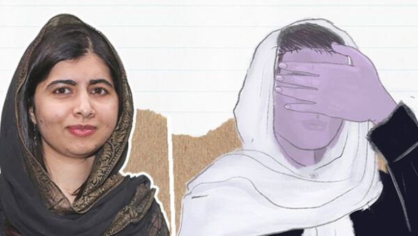 Bildmontage aus dem Foto Malalas und der Zeichnung eines Mädchens mit Hand vor dem Gesicht