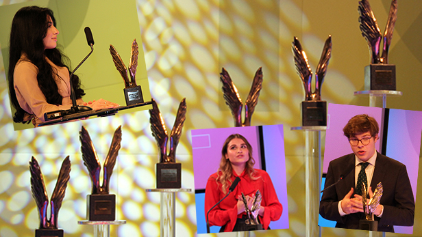 Bildmontage aus Fotos der Siegerin der Handelsschulen: parisa Norzehi, der HAK: Severin Rath sowie des Publikumspreises: Lea Krammer und den vielen Merkur-Statuen