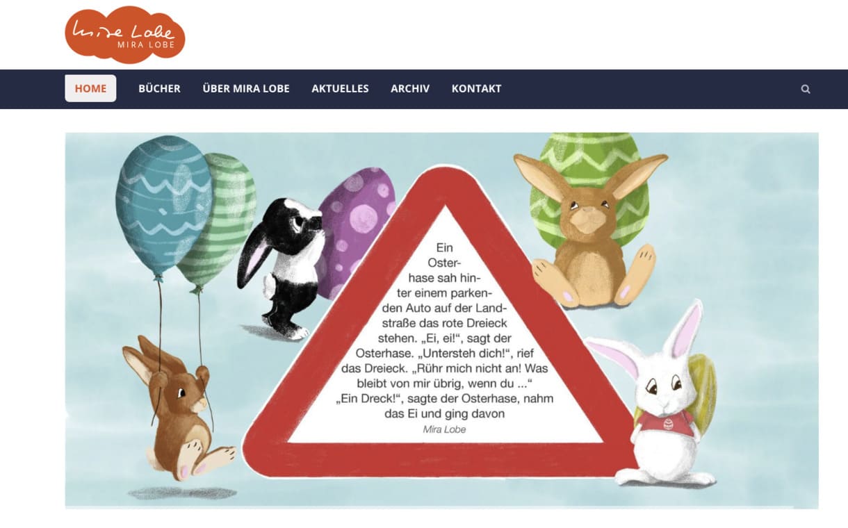 Screenshot von der Homepage über Mira Lobe und ihre Werke - zu Ostern 2026