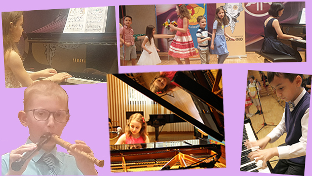 Montage aus einigen Fotos musizierender Kinder/ Jugendlicher beim Munchkins-Konzert "Kinder für Kinder"
