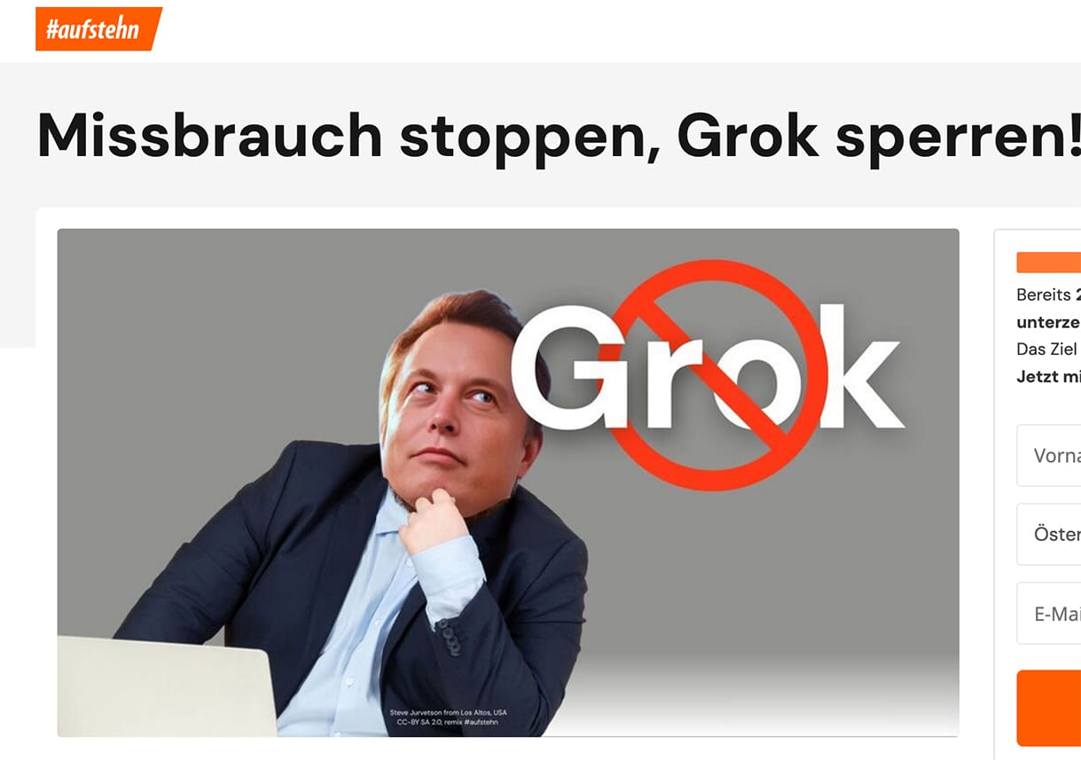 Titelbild zur #aufstehn-Petition Elon Musks KI Grok zu stoppen
