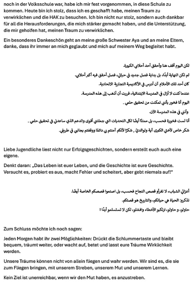 Naya Oklas Rede in Arabisch und Deutsch