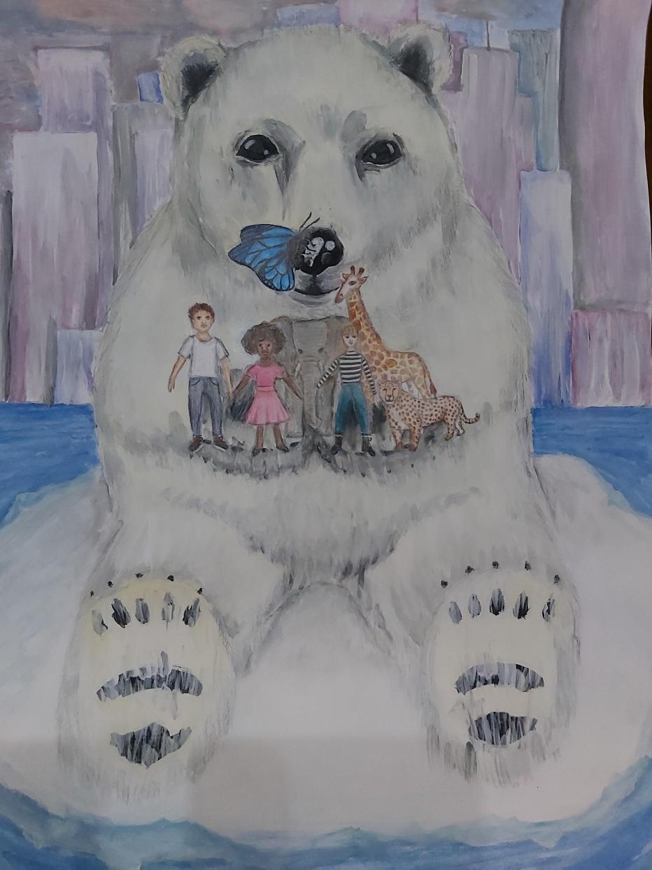 Gemalter Eisbär hält schützend Kinder und Tiere in der Art eines Teddybären