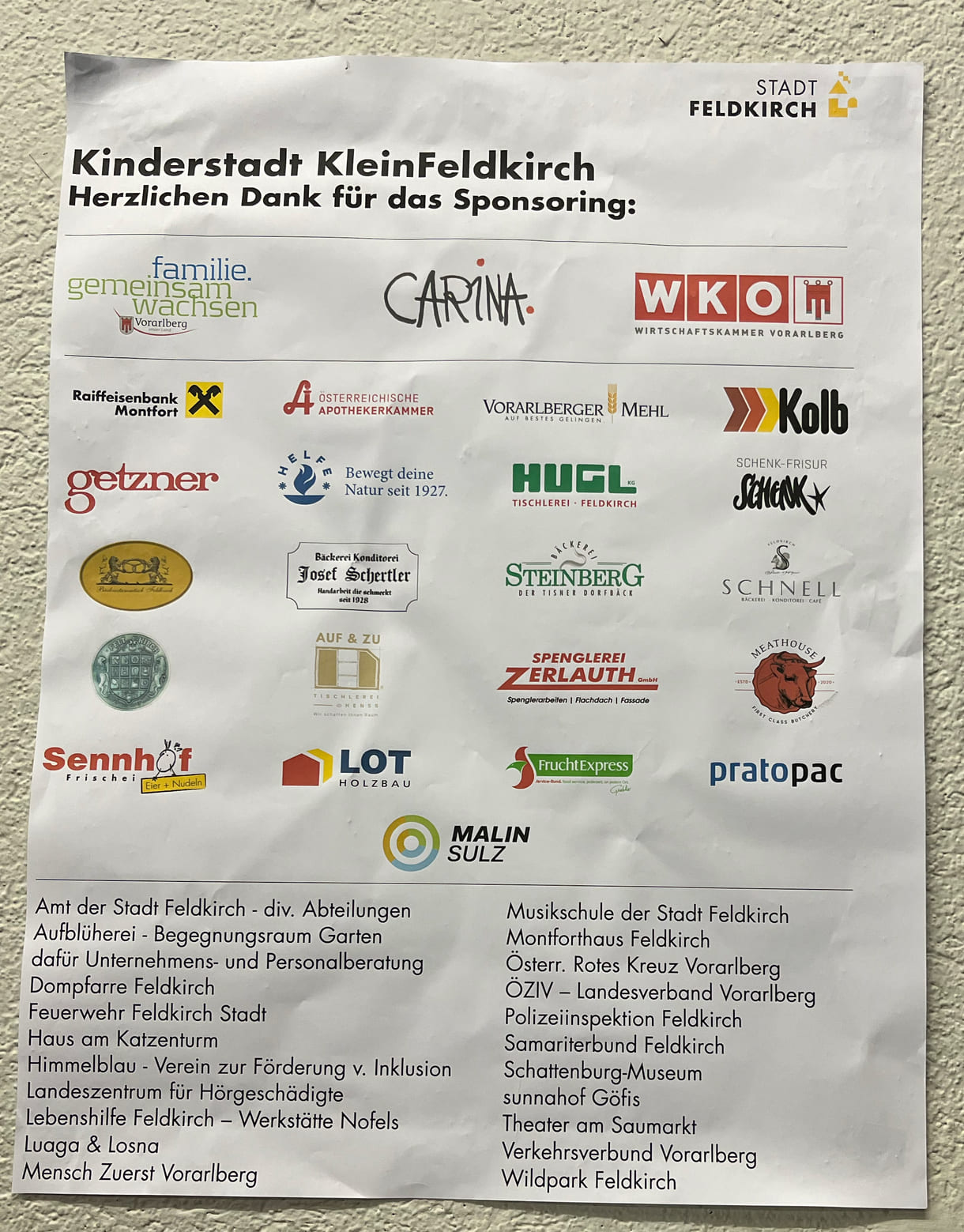 Partner:innen und Sponsor:innen von KleinFeldkirch auf einem Plakat versammelt