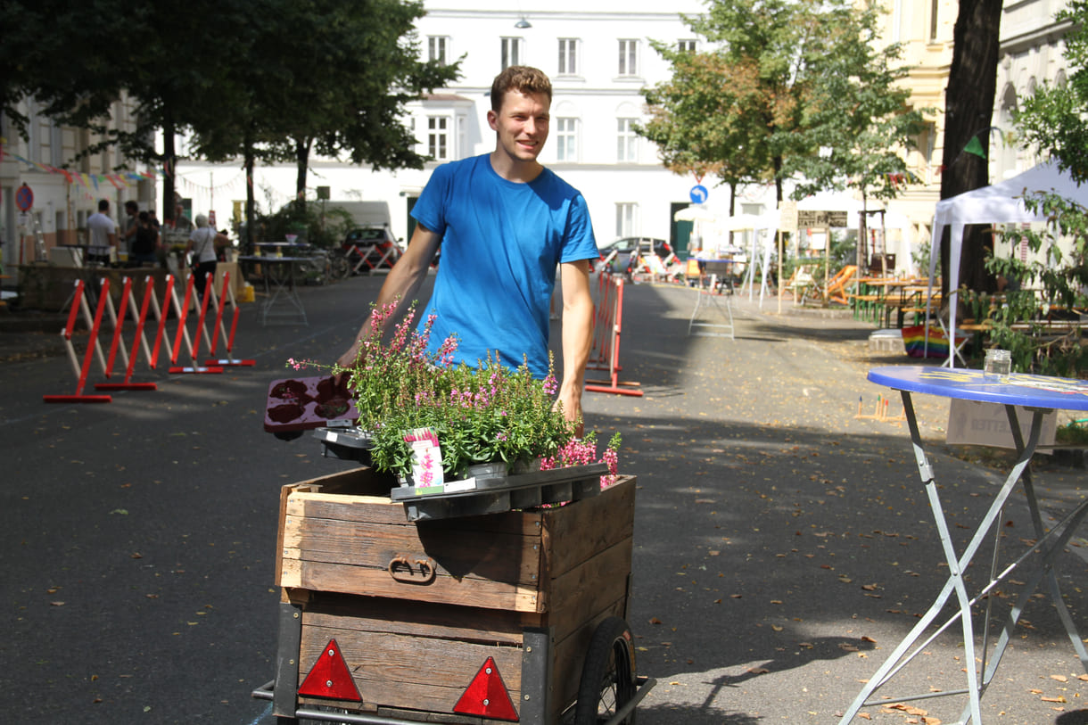 Pflanzen in kleinen Töpfen - per Handwagerl verteilt