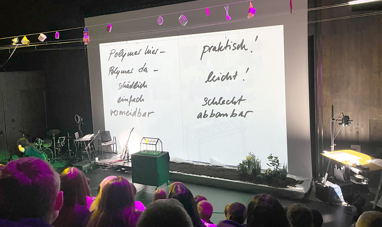 Die Spielerin teilt das Publikum in zwei Gruppen, die projizierten Texte in einer Art Kanon singen