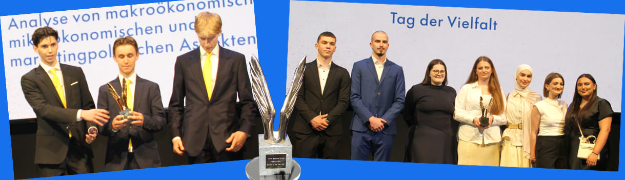 Bild-Montage aus den Fotos des Siegertrios in der Kategorie bestes Wirtschafts- und Innovationsprojekt sowie des Teams mit dem besten Sozialprojekt - sowie eine der Merkur-Statuen