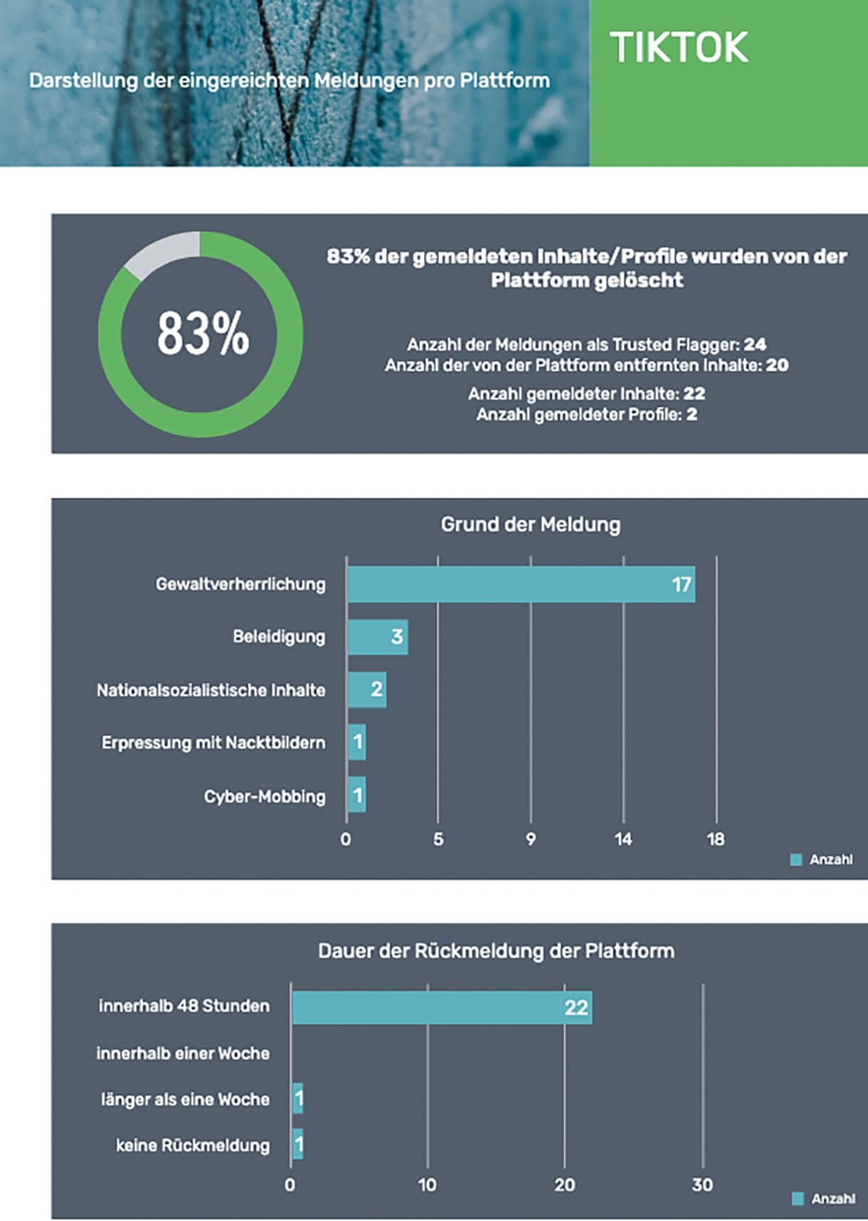 Statistik zu Meldungen und Behandlungen auf Tiktok