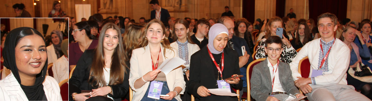 Bildmontage: Fatima Sajad und die in der Reihe sitzenden Henna Islamović, Anna Schraufek, Naya Okla, Alexander Unger und Sviat Kolodii