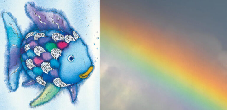 Einer der von Marcus Pfister gemalten Regenbogenfische und ein Regenbogen