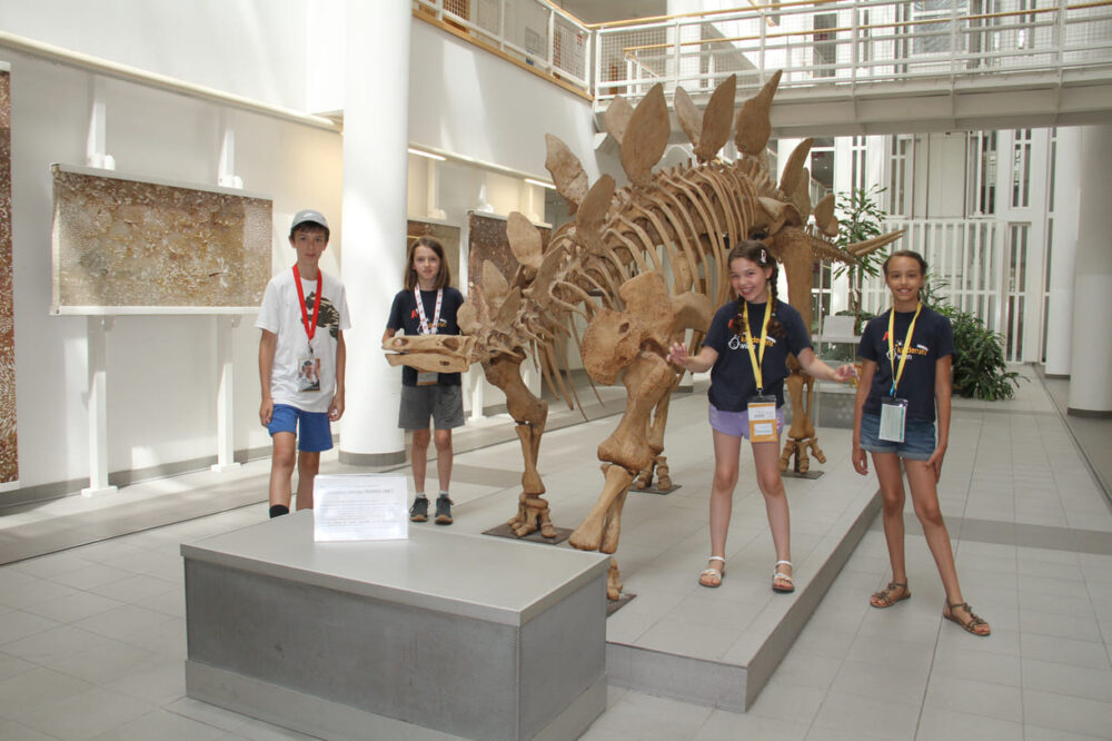 Anatol, Tristan, Leyla und Nora haben ein spannendes Foto-Motiv gesucht und im Skelett eines Stegosauriers im Uni-Zentrum Althanstraße gefunden