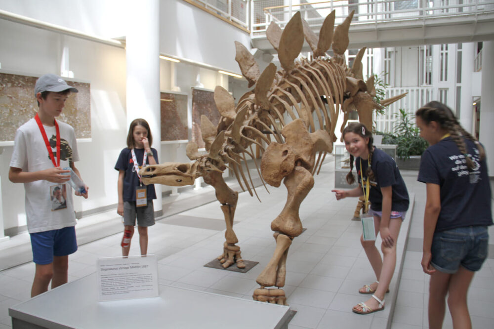 Antol, Tristan, Leyla und Nora haben ein spannendes Foto-Motiv gesucht und im Skelett eines Stegosauriers im Uni-Zentrum Althanstraße gefunden