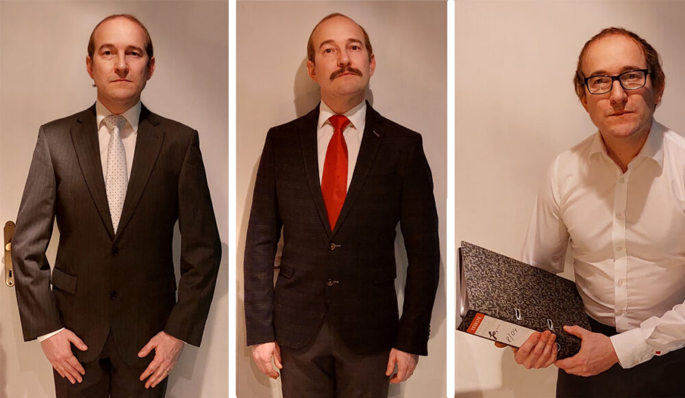 Markus Rupert schlüpft in drei Rollen: Schriftführer Zwirn (links), Staatsanwalt (Mitte) und Kanzlist (rechts)