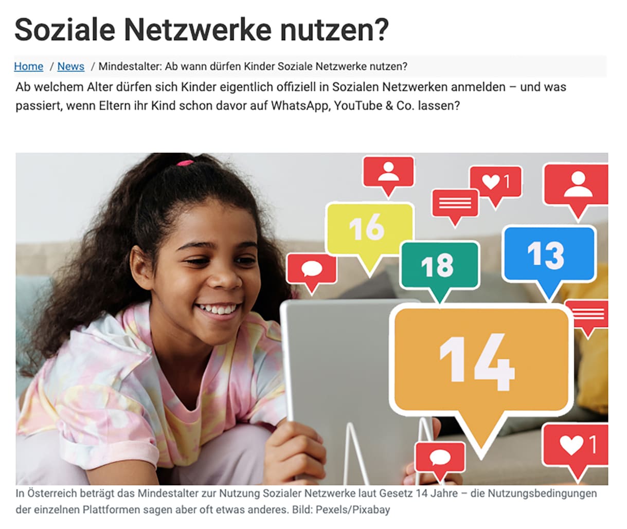 Screenshot vom Start der Safer-Internet-Site zu den Altersgrenzen auf Socila-media-Plattformen