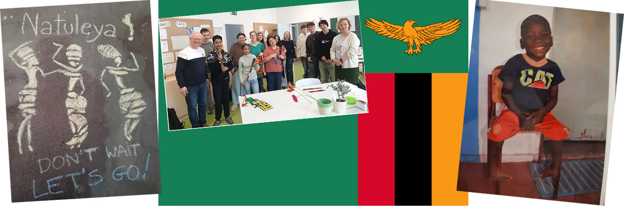 Montage aus Fotos aus Sambia sowie der BEgegnung von Schüler:innen der VBS I und der Integrativen Schule Hernals