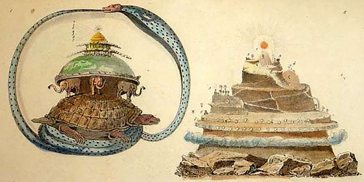 Bildhafte Darstellung aus der Mythologie um das Universum im hinudistischen Kosmos