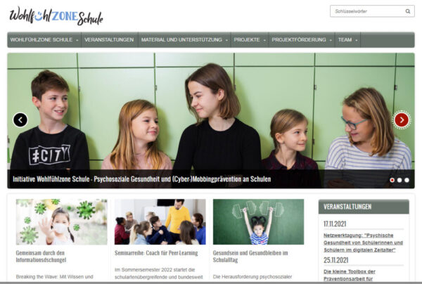 Screenshot der Homepage "Wohlfühlzone Schule"