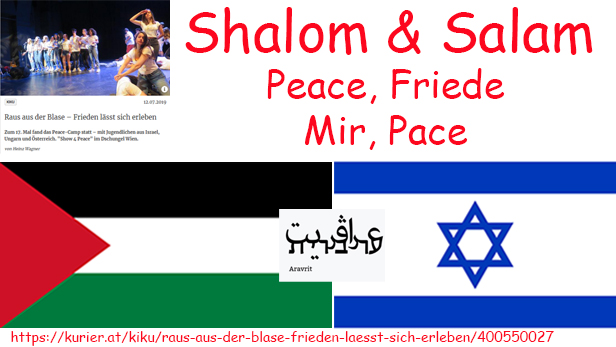 Die Flaggen von Palästina und Israel dazu das Wort Frieden auf Hebräsischund Arabisch, Deuscht, Englich und Russisch sowie ein Ausschnitt aus einem Artikel über das Peac-Camp