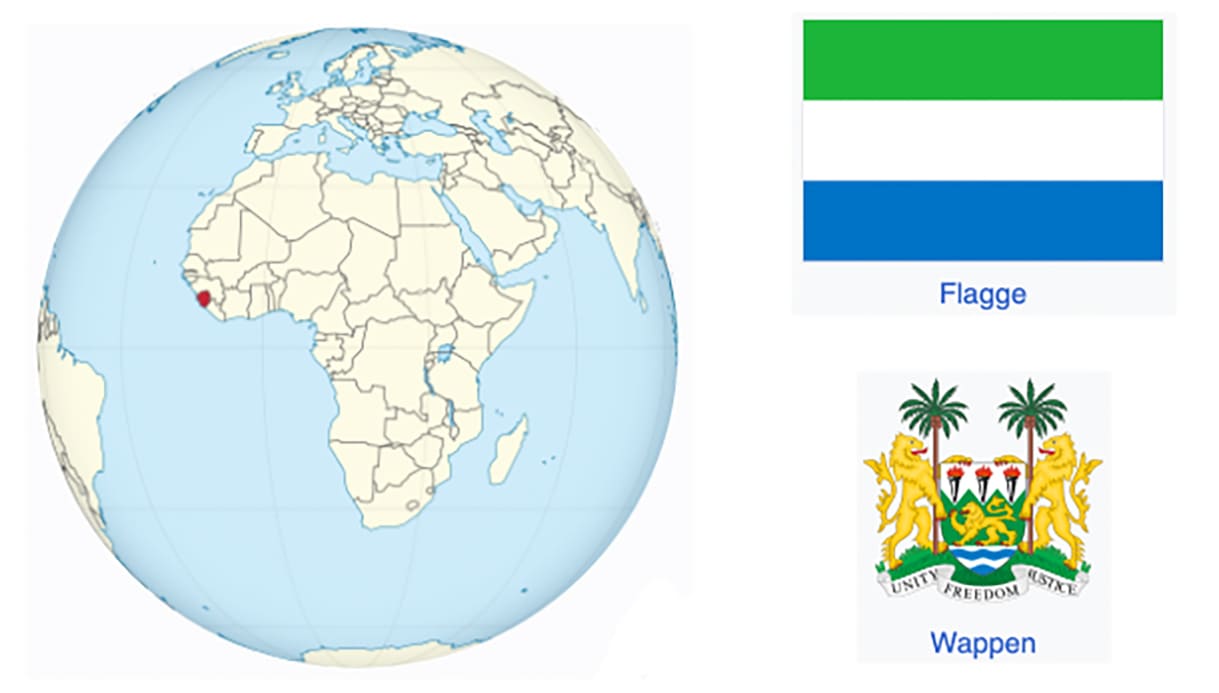 Weltkarte mit Sierra Leone rot markiert, Flagge und Wappen dieses westafrikanischen Landes