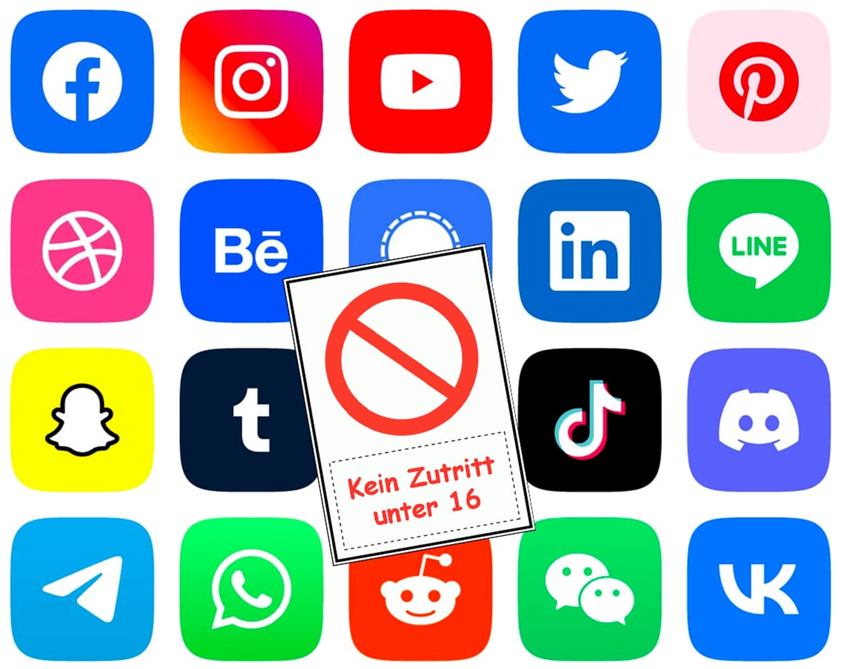 Bild-Montage aus Social-Media-Logos und einem Verbotsschild mit der Schrift: 