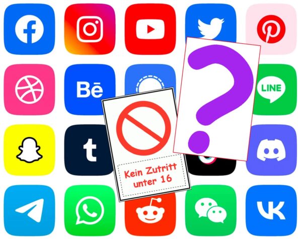 Logis verschiedener Social-Media-Kanäle und Plattformen mit einem Verbotsschild und einem großen Fragezeichen