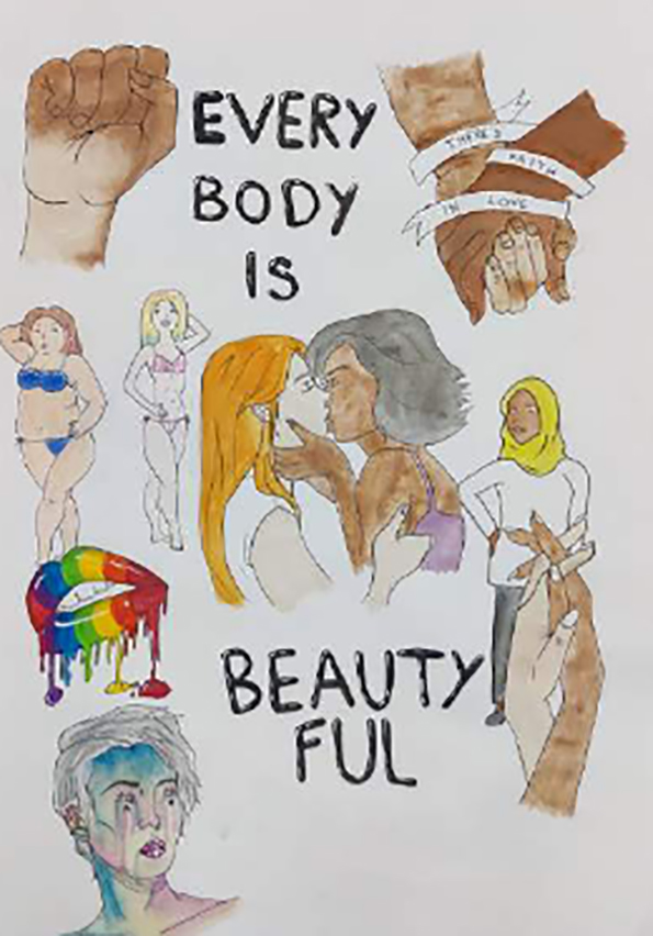 Zeichnung mit verschiedenen Menschen und unterschiedlichen Körpern - egal ob groß, klein, dick, dünn, hell, dunkel: Every Body is beautiful