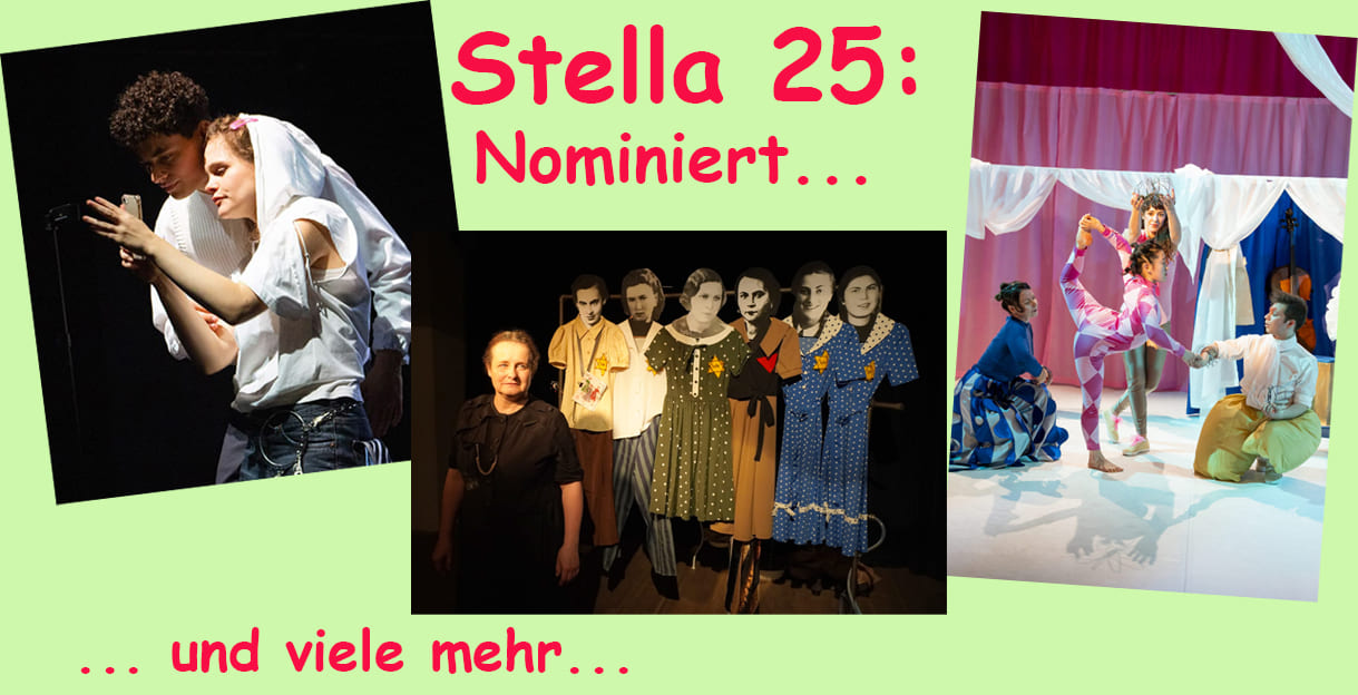 Bildmontage aus drei Fotos von produktionen, die für Stella 25 nominiert sind: "Who cares what you wear", "Das Kleid" und "Mirabilia"