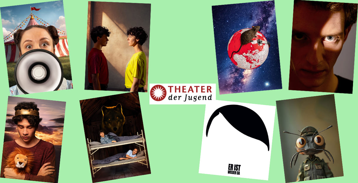 Sujetbilder aller acht Produktionen der neuen Saison im Theater der Jugend (Wien) und das TdJ-Logo