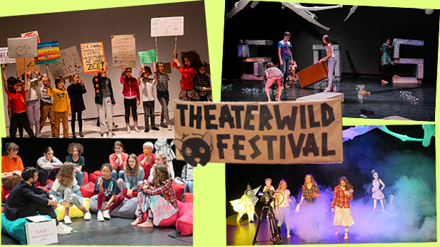 Montage aus vier Fotos vom Theaterwild-Festival + Schild vom Festival