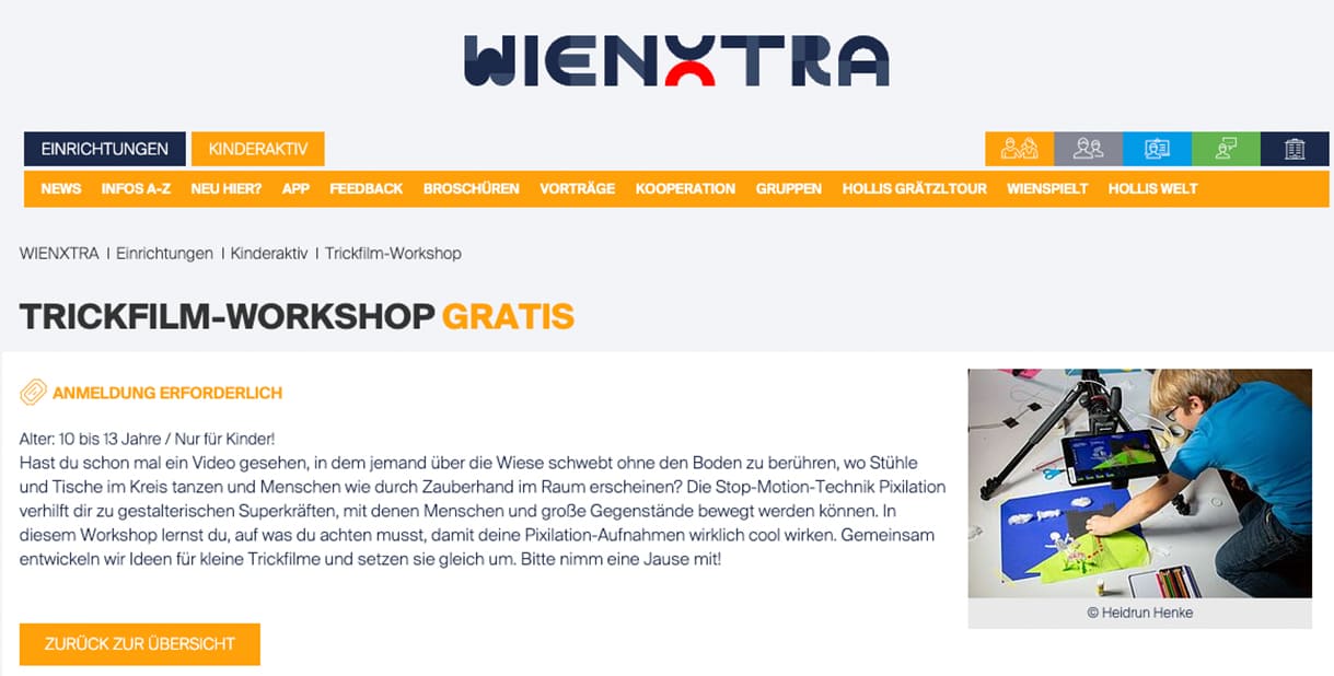 Ausschnitt aus der wienXtra-medienzentrums-Homepage mit Ankündigung der Trickfilm-Workshops