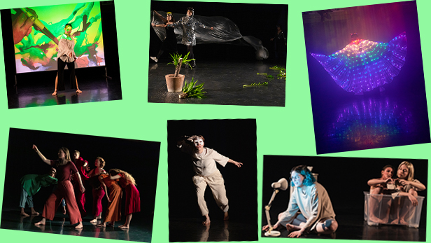 Fotos aus allen sechs beim Try Out 2022 gestarteten Performances: (von links, obere Reihe) "A Forrest to Grow People", "Ich, du, wir Monster", "Queer God"; untere Reihe: "Solikörper", Namayesh" und "Drainage De(Illusion"