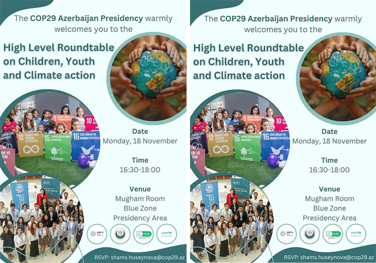 Plakate der Unicef zu Aktivitäten mit Kindern und Jugendlichen bei der Klimakonferenz COP 29