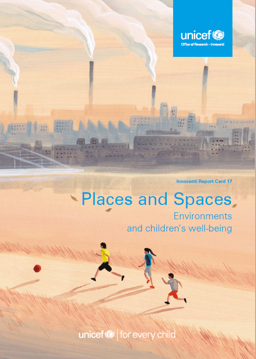 Ball spielende Kinder vor dem Hintergrund deriner verbauten Stadt: Illustration au fder Titelseite dieses Unicef-Reports