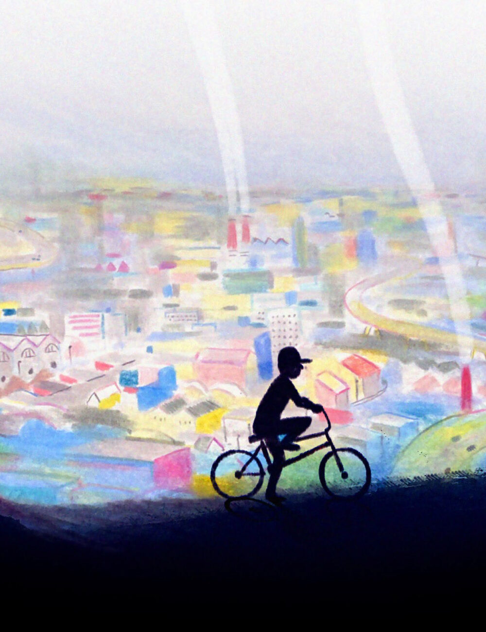 Grafische Darstellung eines fahrradfahrenden Kindes vor einer im Smog versinkenden STadt